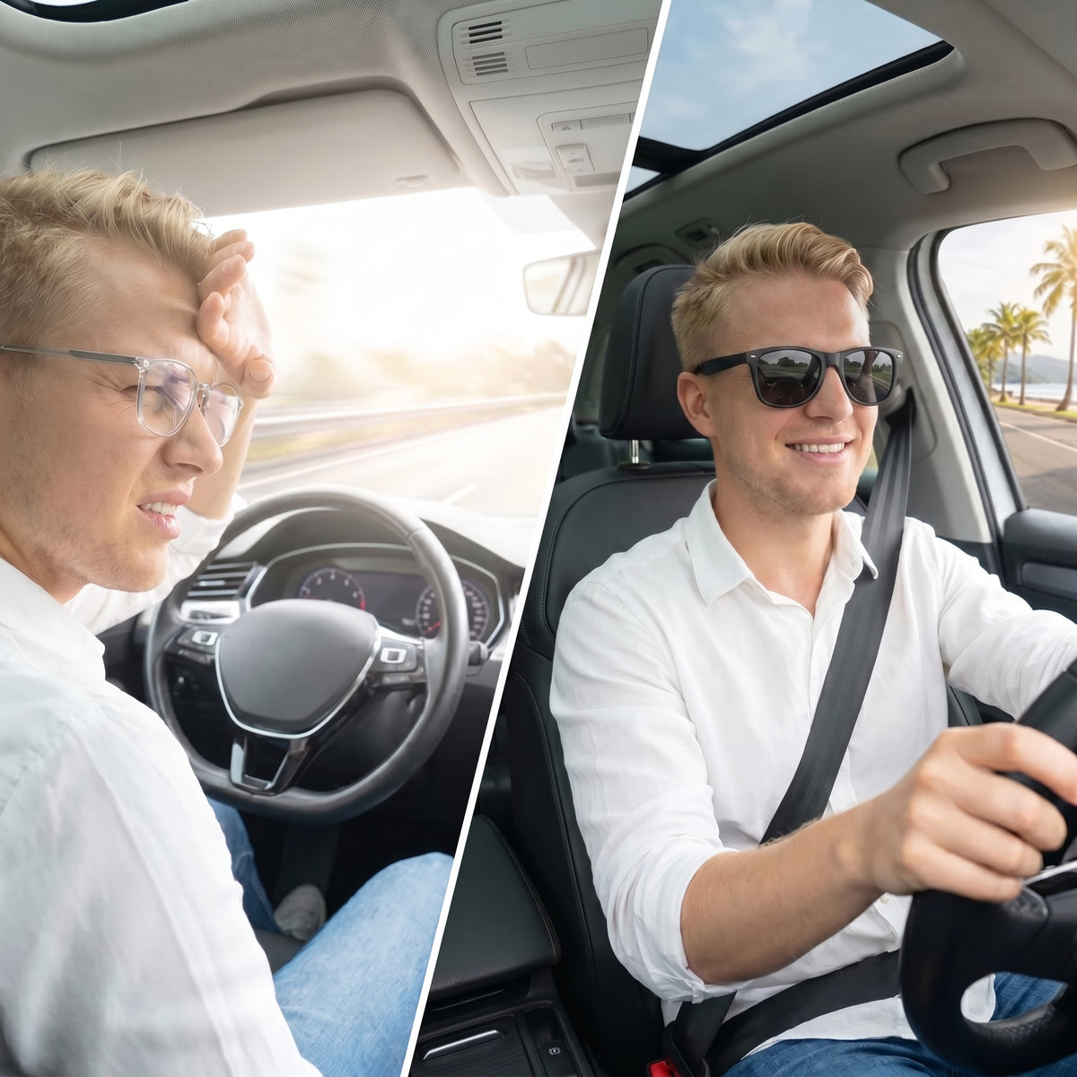 Samme bilist med almindelige briller i skarp sol, og afslappet med SunFit udenpå