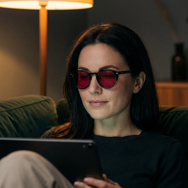 Kvinde med SunFit SmartLens med røde glas i sofaen om aftenen